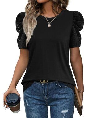 👑 Women's Black Puff Sleeve Summer Crew Neck Casual Outfits Dressy T Shirt Tops